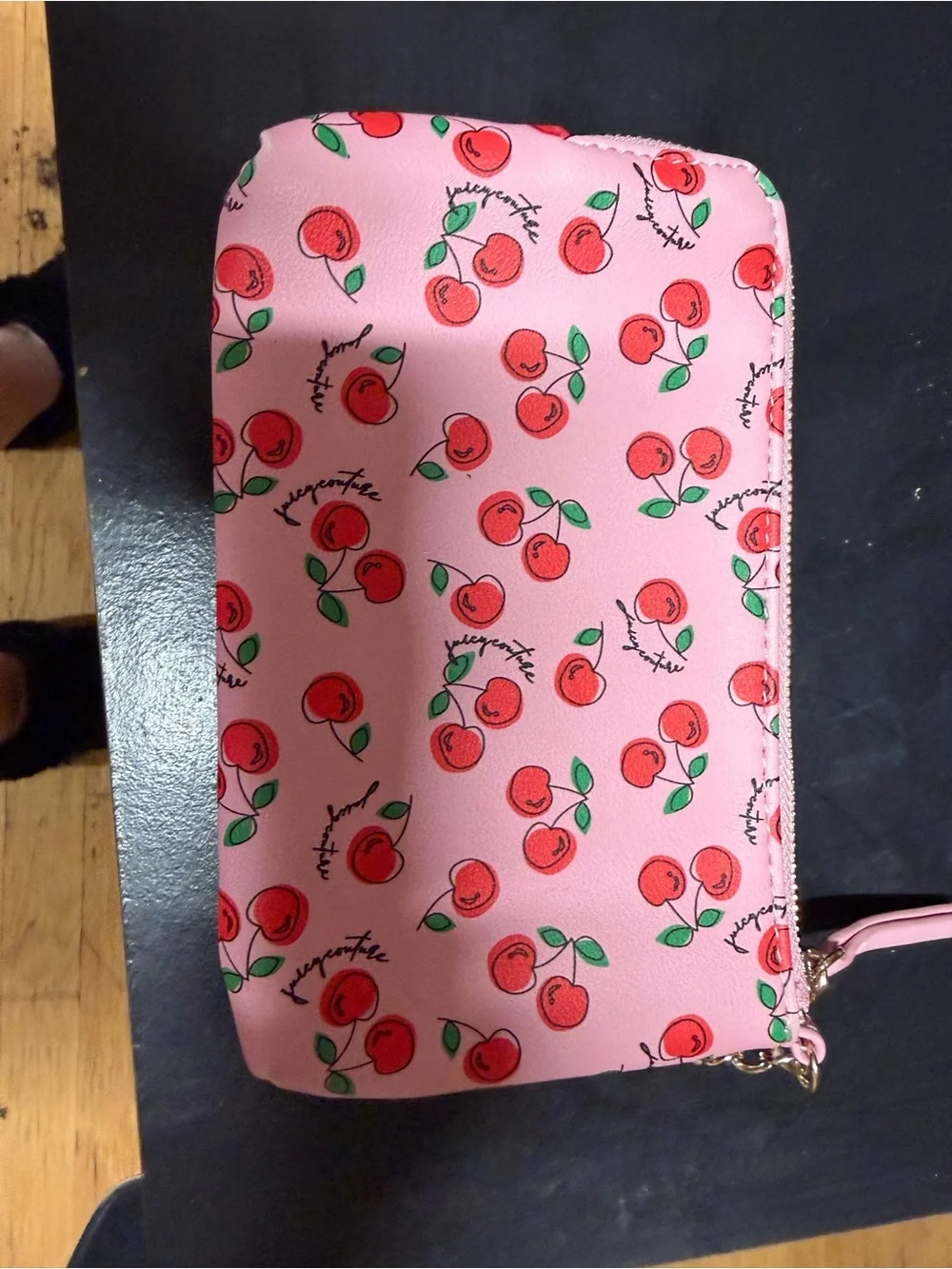 Juicy Couture Pink Cherry Print Clutch with Gold Chain
